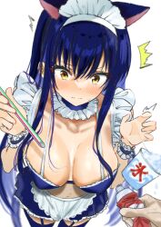 1girl 1other ^^^ alternate_costume animal_ears apron bikini bikini_skirt black_bikini black_choker black_hair black_skirt black_thighhighs black_wrist_cuffs blush breasts breasts_apart cat_ears choker closed_mouth collarbone commentary_request cowboy_shot drinking_straw enmaided fake_animal_ears food foreshortening frilled_apron frilled_bikini frilled_choker frilled_skirt frilled_wrist_cuffs frills from_above furrowed_brow garter_straps hair_between_eyes halterneck hands_up highres holding holding_drinking_straw kushima_kamome large_breasts long_hair looking_down maid maid_apron maid_bikini maid_headdress miniskirt navel pleated_skirt pov pov_hands sexually_suggestive shaved_ice sidelocks simple_background skirt solo_focus split_mouth standing straight_hair summer_pockets surprised swimsuit thighhighs unconventional_maid very_long_hair waist_apron wavy_mouth white_apron white_background wrist_cuffs yellow_eyes zenoo zettai_ryouiki