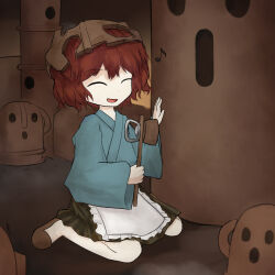 1other ^_^ androgynous apron bare_legs blue_kimono bottle_opener brown_hakama brown_helmet brown_slippers closed_eyes dot_nose frilled_apron frills full_body hair_between_eyes hakama hakama_short_skirt hakama_skirt hammer haniwa_(statue) happy helmet highres holding holding_hammer indoors japanese_clothes katano_sukune katano_sukune&#039;s_bottle_opener kimono kneeling kuroda_(kurota_ne) len&#039;en musical_note official_style open_mouth other_focus red_hair short_hair short_kimono skirt slippers smile solo waist_apron white_apron