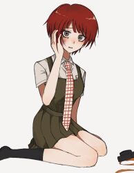 1girl arm_at_side black_socks blush breast_pocket breasts bruise bruise_on_face camera collared_shirt danganronpa_(series) danganronpa_2:_goodbye_despair dress dress_shirt freckles full_body gingham_necktie green_dress green_eyes hand_on_own_cheek hand_on_own_face injury koizumi_mahiru kun_(oxx_kn_xxo) looking_at_viewer medium_breasts necktie on_ground parted_lips pinafore_dress pocket raised_eyebrows red_hair red_necktie school_uniform shirt short_hair simple_background sitting sleeveless sleeveless_dress socks solo strap tearing_up two-tone_necktie upturned_eyes wariza white_background white_necktie white_shirt