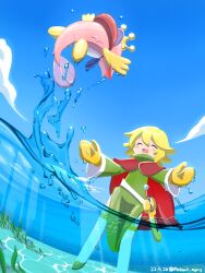 Rule 34 | 1boy, ^ ^, absurdres, algae, animal, artist name, blonde hair, blue sky, boots, cape, caustics, closed eyes, cloud, coat, commentary request, crown, dated, dolphin, green boots, green coat, happy, highres, jumping, mittens, motimoti mgmg, ocean prince, open mouth, otomo (puyopuyo), outdoors, pantyhose, partially submerged, partially underwater shot, puyopuyo, puyopuyo fever 2, red cape, sheath, sheathed, short hair, sky, smile, splashing, standing, sword, thigh boots, twitter username, water, weapon, white pantyhose, yellow mittens