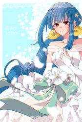 1girl bare_shoulders blue_background blue_hair border bow bride character_name closed_mouth detached_sleeves dizzy_(guilty_gear) dress earrings flower green_bow guilty_gear guilty_gear_strive guilty_gear_strive:_dual_rulers hair_flower hair_ornament hair_ribbon hand_on_own_chest highres jewelry kanea_(nikoinoillust) long_hair looking_at_viewer red_eyes ribbon ring sidelocks signature solo wedding_dress wedding_ring white_border yellow_ribbon