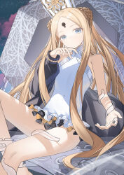 1girl abigail_williams_(fate) abigail_williams_(swimsuit_foreigner)_(fate) abigail_williams_(swimsuit_foreigner)_(second_ascension)_(fate) absurdres bare_shoulders black_bow blonde_hair blue_eyes bow braid braided_bun breasts double_bun dress_swimsuit fate/grand_order fate_(series) forehead hair_bun hat highres keyhole long_hair looking_at_viewer mitre miyu10366 one-piece_swimsuit orange_bow parted_bangs sidelocks sitting small_breasts solo swimsuit tentacles thighs twintails very_long_hair white_hat white_one-piece_swimsuit