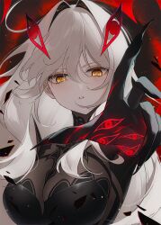 Rule 34 | 1girl, black nails, bodystocking, breasts, claws, commentary, eye hair ornament, eye symbol, eyeshadow, genshin impact, grey hair, hair between eyes, hair intakes, highres, large breasts, long hair, looking at viewer, makeup, orange eyeshadow, orecalc3092, outstretched hand, parted lips, reaching, reaching towards viewer, ronova (genshin impact), solo, symbol-shaped pupils, upper body, yellow eyes