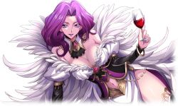 Rule 34 | 1girl, alcohol, arm support, artist request, ascot, bangle, bare shoulders, black ascot, bracelet, breasts, brooch, cape, cleavage, clothing cutout, code geass, code geass: lost stories, cornelia li britannia, corset, cropped legs, cup, detached collar, dress, drink, drinking glass, female focus, forehead, game cg, gem, hair intakes, hand up, happy, highres, holding, holding drink, holding drinking glass, jewelry, juliet sleeves, large breasts, layered sleeves, leaning to the side, long hair, long sleeves, looking at viewer, navel, navel cutout, non-web source, off-shoulder dress, off shoulder, official art, parted lips, puffy sleeves, purple eyes, purple hair, purple lips, red gemstone, side slit, simple background, smile, solo, teeth, thighs, transparent background, v-shaped eyebrows, white cape, white dress, wine