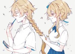 Rule 34 | 1boy, 1girl, aether (genshin impact), ahoge, blonde hair, braid, braiding hair, breasts, closed mouth, flower, genshin impact, hair between eyes, hair flower, hair ornament, hairdressing, holding, long hair, lumine (genshin impact), short hair, smile, tagme, yellow eyes, yukitsuru kamemaru