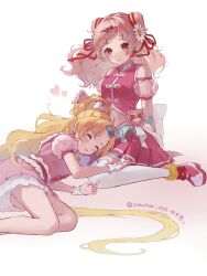 2girls artist_name blonde_hair blush boots closed_eyes closed_mouth cropped_shirt cure_tomorrow cure_yell detached_sleeves double_bun earrings fingerless_gloves flower gloves hair_bun hair_flower hair_ornament hair_ribbon heart highres hug-tan_(precure) hugtto!_precure jewelry long_hair magical_girl medium_hair midriff mother_and_daughter multiple_girls navel nono_hana one_side_up open_mouth pink_boots pink_hair pink_shirt pink_skirt pleated_skirt ponytail precure puffy_short_sleeves puffy_sleeves red_eyes red_ribbon ribbon see-through_clothes see-through_sleeves shirt shoes short_ponytail short_sleeves skirt sleeping thighhighs twitter_username white_gloves white_thighhighs yuzu_collar