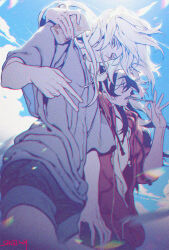 2girls alternate_universe bad_tag black_hair blackbird blue_sky carciphona cloud food food_in_mouth highres holding holding_food holding_pocky hood hoodie looking_at_viewer multicolored_hair multiple_girls pocky pocky_in_mouth shilin shorts sky v veloce_visrin white_hair