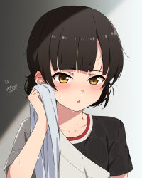 1girl black_hair black_shirt blunt_bangs braid braided_bun brown_eyes commentary_request double_bun gradient_background hair_bun highres kantai_collection looking_at_viewer necono_(nekonosora1207) one-hour_drawing_challenge shirt solo twin_braids upper_body wiping_face yawata_maru_(kancolle)