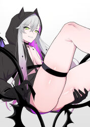 1girl absurdres black_jacket body_markings breasts crossed_bangs demon_girl demon_horns demon_wings fate/grand_order fate_(series) grey_hair grin hair_between_eyes highres hood horns jacket large_breasts long_hair long_sleeves looking_at_viewer natu_zame ordeal_call_servant_(female) sidelocks smile solo thigh_strap thighs very_long_hair wings yellow_eyes