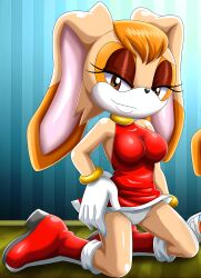 1girl amy_rose amy_rose_(cosplay) bbmbbf boots breasts brown_eyes brown_hair cosplay curvy dress gloves hand_on_own_hip highres kneeling looking_at_viewer medium_breasts bad_tag palcomix rabbit_ears rabbit_girl red_dress sleeveless sleeveless_dress sonic_(series) vanilla_the_rabbit
