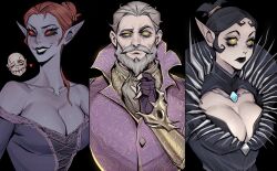 1boy 2girls absurdres bare_shoulders beard black_background black_hair black_lips black_sclera breasts cleavage collarbone colored_sclera dark-skinned_female dark_elf dark_skin dress elf facial_hair hand_up highres jewelry large_breasts looking_at_viewer multiple_girls necklace pointy_ears purple_dress red_eyes red_hair relmyna_verenim sheogorath short_hair simple_background syl_(the_elder_scrolls) the_elder_scrolls the_elder_scrolls_iv:_oblivion upper_body yellow_eyes ykshelter