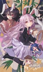 4girls :d :t animal_ears bamboo black_footwear black_hair black_jacket black_thighhighs blonde_hair blue_dress blue_hair boots brown_headwear cabbie_hat capelet carrot_necklace chibi chibi_inset chinese_commentary chinese_new_year commentary_request coumibuzzbuzz dango dated dress eating eyebrows_hidden_by_hair food gun hair_between_eyes hat highres holding holding_gun holding_weapon inaba_tewi jacket jewelry kine long_hair long_sleeves looking_at_viewer lunatic_gun mallet medium_hair moon multiple_girls necklace necktie open_mouth orange_scarf pink_capelet pink_hair pleated_skirt puffy_shorts purple_skirt rabbit_ears red_eyes red_necktie reisen_udongein_inaba ringo_(touhou) scarf seiran_(touhou) shirt shorts signature skirt smile thighhighs touhou v-shaped_eyebrows very_long_hair wagashi weapon white_shirt yellow_shirt yellow_shorts