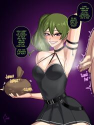 Rule 34 | 1boy, 1girl, arm up, armlet, armpits, black background, black dress, breasts, clothed female nude male, dress, english text, gelatomusume, gradient background, green hair, highres, holding, jewelry, masturbation, medium breasts, nude, penis, purple background, short dress, side ponytail, sleeveless, sleeveless dress, small penis, sousou no frieren, speech bubble, ubel (sousou no frieren)