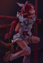 1girl a_tea ahoge arknights bdsm blue_eyes blush bondage bound bound_arms bound_legs braid crotch_rope crying crying_with_eyes_open dress fangs frilled_dress frills full_body gag gagged geta gloves headband highres leg_warmers long_hair looking_to_the_side myrtle_(arknights) myrtle_(bustling_festival)_(arknights) official_alternate_costume pointy_ears red_hair rope_gag separated_arms shibari shibari_over_clothes short_sleeves skindentation solo suspension tears very_long_hair white_gloves