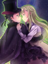 Rule 34 | 2girls, ange (princess principal), black dress, black hair, black headwear, black ribbon, blonde hair, blue eyes, cloak, dress, frilled dress, frilled sleeves, frills, hair ribbon, hand on another&#039;s back, hand on another&#039;s shoulder, hat, highres, imminent kiss, long hair, long sleeves, looking at another, multicolored dress, multiple girls, princess (princess principal), princess principal, ribbon, short hair, smile, star (symbol), star symbol background, top hat, wavy hair, xin (blueramen), yuri