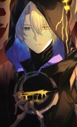 Rule 34 | 1boy, absurdres, black cloak, blood, blood on chest, blue eyes, cloak, cuts, deep wound, flame reaver of the deepest dark, hashtag-only commentary, heterochromia, highres, honkai: star rail, honkai (series), hood, hood up, hooded cloak, injury, looking at viewer, male focus, parted bangs, phainon (honkai: star rail), short hair, solo, sp0i0ppp, upper body, white hair, yellow blood, yellow eyes