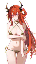 1girl @_@ alternate_costume arknights arm_under_breasts armpit_crease bare_arms bare_hips bare_shoulders bikini breasts cleavage collarbone commentary cowboy_shot criss-cross_halter demon_girl demon_horns dummyeq gluteal_fold gold_bikini groin hair_ornament halterneck highres horns large_breasts light_blush long_hair looking_at_viewer lower_teeth_only lowleg lowleg_bikini navel open_mouth purple_eyes red_hair shiny_skin side-tie_bikini_bottom simple_background slit_pupils solo standing star_(symbol) star_hair_ornament stomach surtr_(arknights) swimsuit teeth thigh_gap thigh_strap thighs very_long_hair white_background