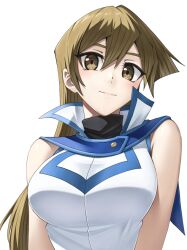 Rule 34 | 1girl, bare shoulders, blonde hair, breasts, brown eyes, closed mouth, duel academy uniform (yu-gi-oh! gx), hair between eyes, large breasts, long hair, looking at viewer, rourou ill, shirt, sleeveless, sleeveless shirt, smile, solo, sweatdrop, tenjouin asuka, upper body, white background, white shirt, yu-gi-oh!, yu-gi-oh! gx