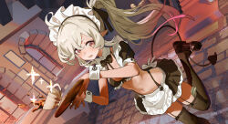 1girl ahoge apron bikini black_bikini black_pantyhose black_thighhighs blush breasts cup demon_girl demon_tail detached_collar detached_sleeves garter_straps grey_hair highres holding holding_tray kele_mimi long_hair looking_at_viewer maid maid_bikini maid_headdress original outdoors pantyhose pointy_ears small_breasts solo swimsuit tail teacup thighhighs tray twintails unconventional_maid very_long_hair waist_apron yellow_eyes