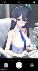 absurdres bare_shoulders black_hair blue_archive blue_eyes blue_hair blue_halo blue_necktie book book_stack breasts collared_dress colored_inner_hair cross cross_earrings dress earrings giga-tera glasses gloves half_gloves halo highres holding holding_pen indoors jewelry large_breasts multicolored_hair necktie on_chair pen pointy_ears rin_(blue_archive) sleeveless sleeveless_dress slit_pupils white_dress white_gloves