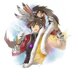 1boy animal_print bad_id bad_pixiv_id brown_eyes brown_hair elbow_gloves feathers floral_print flower fur_trim gloves gradient_background hair_flower hair_ornament long_hair looking_up maeda_keiji maeda_keiji_(sengoku_basara) male_focus mikami monkey muscular outdoors ponytail pouch sengoku_basara skin_tight sky solo tiger_print white_background yumekichi