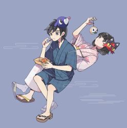 1boy 1girl alternate_costume atsumi_yoshioka closed_mouth commentary_request eating elio_(pokemon) food gen_7_pokemon grey_background holding holding_skewer invisible_chair japanese_clothes kimono litten mask mask_on_head nintendo pink_kimono pokemon pokemon_sm popplio rowlet sandals selene_(pokemon) shirt short_sleeves shorts sitting skewer toes