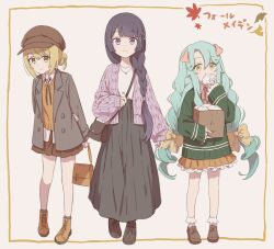 3girls alternate_costume animal_ears autumn autumn_leaves bag steamed_bun beret black_hair blonde_hair blunt_bangs boots bow bowtie braid cardigan casual clear_(princess_connect!) eating food frilled_skirt frills fujiyama_(yellow) green_hair green_sweater handbag hat jacket jewelry leaf lily_(princess_connect!) loafers long_hair long_skirt low_twin_braids multiple_girls necklace paper_bag pig_ears precia_(princess_connect!) princess_connect! purple_cardigan shoes side_braid single_braid skirt suit_jacket sweater twin_braids very_long_hair