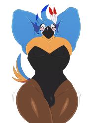 1boy absurdres beak bird blush body_fur brown_eyes bulge closed_mouth eric_lowery furry furry_male highres kass male_focus nintendo rito simple_background solo tail the_legend_of_zelda the_legend_of_zelda:_breath_of_the_wild white_background