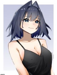 1girl alternate_costume artist_name bare_arms bare_shoulders black_camisole black_hair blue_eyes blue_hair breasts camisole cleavage collarbone colored_inner_hair commentary covered_erect_nipples gradient_background hair_between_eyes hair_intakes highres hololive hololive_english junarts large_breasts light_blush looking_at_viewer multicolored_hair ouro_kronii short_hair simple_background smile solo two-tone_hair upper_body virtual_youtuber