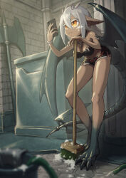 1girl absurdres animal_feet axe bucket cellphone claws cleaning cleaning_brush colored_eyelashes dark-skinned_female dark_skin fingernails gargoyle highres horns hose jewelry long_hair monster_girl necklace orange_eyes original pedestal phone pointy_ears cleaning_rag sharp_fingernails shimizu_tsubasa_(tubasa9940) short_shorts shorts smartphone soap_bubbles solo tail white_hair wings