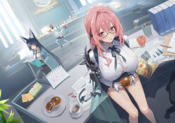 3girls absurdres animal_ear_fluff animal_ears black-framed_eyewear black_gloves black_hair black_necktie black_ribbon black_skirt blue_skin blunt_bangs blush bread breasts burger button_gap calendar_(object) cleavage closed_eyes closed_mouth colored_skin commentary_request cup desk disposable_cup dress_shirt earrings food fox_ears fox_girl french_fries glasses gloves green_jacket hair_intakes high-waist_skirt highres holding holding_food horns hoshimi_miyabi hourglass_earrings hovaku indoors jacket large_breasts long_hair looking_at_viewer looking_to_the_side multiple_girls necktie on_desk oni paper pencil_skirt pink_eyes pink_hair red_eyes ribbon semi-rimless_eyewear shirt short_hair sidelocks sitting skirt smile soukaku_(zenless_zone_zero) tail teacup tsukishiro_yanagi white_background white_hair white_shirt wide_sleeves zenless_zone_zero