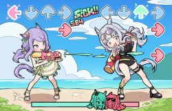 2girls absurdres english_text friday_night_funkin&#039; glasses_on_head gold_ship_(run_revolt_launcher)_(umamusume) gold_ship_(umamusume) highres horse_girl mejiro_mcqueen_(ripple_fairlady)_(umamusume) mejiro_mcqueen_(umamusume) multiple_girls thigh_strap umamusume unneul water_gun