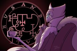 1boy andrealphus_(helluva_boss) aqua_eyes bird_boy coat cup demon_boy fur-trimmed_coat fur_trim furry furry_male hair_slicked_back helluva_boss highres holding holding_cup shinaratani sigil sitting solo