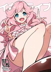 Rule 34 | 1girl, :d, amagi (volfuji), blue eyes, bow, bowtie, brown shoes, collared shirt, commentary request, copyright name, double finger gun, dress shirt, finger gun, foot out of frame, highres, ikizulive! love live! bluebird, kanazawa miracle, kneepits, love live!, miniskirt, open mouth, pink background, pink bow, pink bowtie, pink hair, pink skirt, pinstripe bow, pinstripe pattern, pinstripe skirt, pleated skirt, shirt, shoes, short sleeves, simple background, skirt, smile, solo, thighs, wavy hair, what is my life? (love live!), white shirt