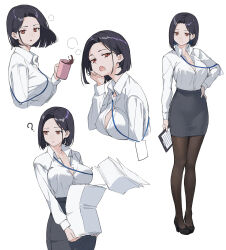 1girl ? black_hair black_pantyhose breasts brown_eyes c-eye coffee_mug collared_shirt cup grey_skirt high_heels highres holding holding_cup holding_paper id_card large_breasts long_sleeves looking_to_the_side mug multiple_views office_lady original pantyhose paper pencil_skirt shirt short_hair skirt solo swept_bangs white_shirt