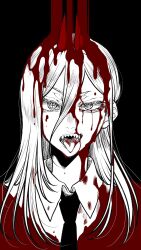 Rule 34 | 1girl, blood, chainsaw man, collared shirt, commentary request, cross-shaped pupils, demon girl, demon horns, haru rice, highres, horns, long hair, necktie, open mouth, partially colored, power (chainsaw man), red horns, sharp teeth, shirt, solo, symbol-shaped pupils, teeth, tongue, tongue out