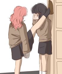 2girls 2hzrd7 black_hair black_skirt black_socks blush brown_footwear brown_hair brown_sweater commentary covering_face embarrassed english_commentary foot_kabedon highres kabedon kininatteru_hito_ga_otoko_ja_nakatta koga_mitsuki locker_foot_kabedon_(meme) long_sleeves meme multiple_girls oosawa_aya school_uniform short_hair skirt socks sweater yuri