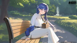 1girl absurdres arcana_(nikke) bench blue_hair blue_nails bracelet breasts claws commentary day disposable_cup_holder dress earrings english_commentary flower_hairpin fountain goddess_of_victory:_nikke grass grey_eyes hair_intakes highres holding_disposable_cup_holder jewelry large_breasts long_hair long_sleeves looking_at_viewer nail_polish official_art on_bench outdoors park park_bench sitting smile solo tree turtleneck turtleneck_dress watermark white_dress wooden_bench