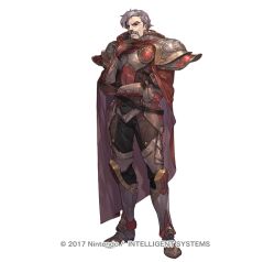 1boy 2017 armor cape commentary_request company_name copyright_notice facial_hair fire_emblem fire_emblem_echoes:_shadows_of_valentia fire_emblem_heroes full_body grey_hair hand_on_own_chin male_focus mustache mycen_(fire_emblem) nintendo official_art old old_man simple_background so-taro solo standing white_background wrinkled_skin