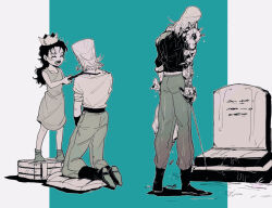 1boy 1girl ^_^ age_comparison bandages blue_background bouquet branch brother_and_sister child closed_eyes dress earrings flattop flower grave greyscale_with_colored_background holding holding_bouquet holding_branch holding_sword holding_weapon jean_pierre_polnareff jewelry jojo_no_kimyou_na_bouken kneeling knight looking_down maramara_no_mi pants rain rapier sherry_polnareff shirt siblings silver_chariot simple_background smile standing standing_on_box stardust_crusaders sword tall_hair tank_top tombstone weapon