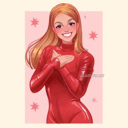 1girl artist_name blonde_hair blush bodysuit britney_spears brown_hair film_grain grin long_hair looking_at_viewer luztapiaart real_life red_bodysuit smile solo watermark