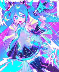 1girl arm_tattoo black_boots black_skirt black_sleeves blue_eyes blue_hair blue_necktie blue_trim boots breasts collared_shirt commentary detached_sleeves feet_out_of_frame grey_shirt hatsune_miku highres holding holding_megaphone iro_(mywife_sunny) long_hair long_sleeves megaphone necktie open_mouth pleated_skirt shirt skirt sleeveless sleeveless_shirt small_breasts smile solo symbol-only_commentary tattoo thigh_boots twintails uneven_eyes vocaloid