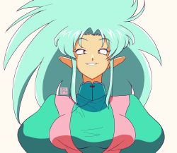 1990s_(style) 1girl blue_hair breasts collared_shirt dress earrings green_dress grin hair_intakes hardkoba highres jewelry large_breasts long_hair looking_at_viewer parted_bangs pointy_ears retro_artstyle ryouko_(tenchi_muyou!) shirt sidelocks smile solo spiked_hair tenchi_muyou! yellow_eyes