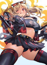 Rule 34 | 1girl, ;p, black gloves, black jacket, black panties, black skirt, black thighhighs, black tube top, blonde hair, breasts, burnice white, cleavage, commentary, english commentary, eyewear on head, fingerless gloves, fire, flamethrower, gloves, highres, holding, holding flamethrower, holding weapon, jacket, large breasts, looking at viewer, midriff, navel, one eye closed, panties, poch4n, red eyes, short hair, skirt, solo, standing, strapless, sunglasses, thighhighs, thighs, tongue, tongue out, tube top, twintails, underwear, weapon, zenless zone zero