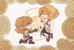 1boy 1girl armlet blonde_hair blue_eyes body_markings bracelet braid chibi chibi_only choker closed_eyes crown_braid dress earrings floating gladiator_sandals green_dress hand_on_own_chest highres jewelry link long_dress medium_hair nintendo on_one_knee outstretched_hand parted_bangs pointy_ears princess_zelda sandals shanzer short_hair sidelocks teardrop_facial_mark the_legend_of_zelda the_legend_of_zelda:_tears_of_the_kingdom two-tone_dress white_dress