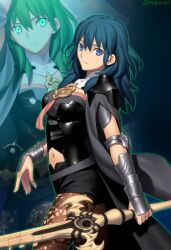 1girl armor arms_up black_armor black_coat black_shirt black_shorts blue_eyes blue_hair bodice breasts brown_pantyhose closed_mouth clothing_cutout coat commentary_request cowboy_shot crop_top d12-nelth dagger female_byleth_(enlightened)_(fire_emblem) female_byleth_(fire_emblem) fire_emblem fire_emblem:_three_houses green_hair green_outline hair_between_eyes holding holding_sword holding_weapon knife large_breasts long_hair looking_at_viewer navel navel_cutout nintendo outline pantyhose pantyhose_under_shorts parody patterned_legwear print_pantyhose sheath sheathed shirt short_shorts short_sleeves shorts sidelocks solo standing style_parody sword sword_of_the_creator takeuchi_takashi_(style) twitter_username vambraces weapon zoom_layer