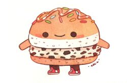 artist_name burger creature ellievsbear food food_focus full_body highres looking_at_viewer no_humans original painting_(medium) red_shoes shoes signature simple_background smile sneakers solid_circle_eyes solid_eyes solo traditional_media watercolor_(medium) white_background