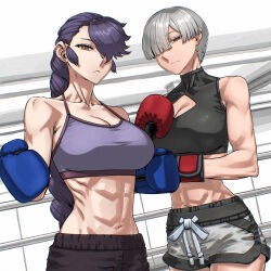 2girls blue_gloves bowl_cut boxing boxing_gloves gloves grey_hair highres multiple_girls muscular muscular_female original purple_hair red_eyes red_gloves rggr