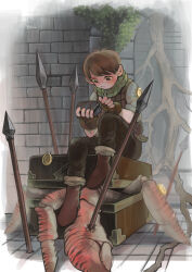 1boy 2017 armor bag black_pants branch brick_wall brown_fingerless_gloves brown_footwear brown_hair chilchuck_tims crab_claw crustacean dungeon_meshi fingerless_gloves gloves highres leather_armor lockpick mimic mimic_chest pants polearm scarf shirt short_hair sitting_on_creature solo spear treasure_chest treasure_insect violin0246 weapon white_shirt