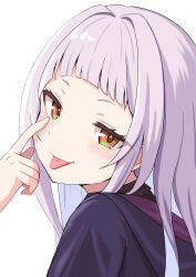 1girl 264_(user_ffyd3374) :p absurdres akanbe arched_bangs black_jacket black_shirt blush eyelid_pull from_side grey_hair highres hololive hood hood_down hooded_jacket jacket long_hair murasaki_shion murasaki_shion_(school_uniform) official_alternate_costume shirt short_eyebrows simple_background solo tongue tongue_out virtual_youtuber white_background yellow_eyes